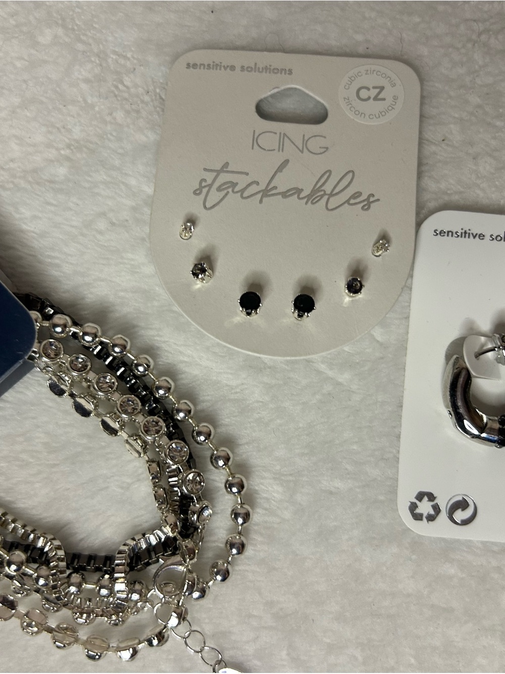 Icing Silver and Black Stackable Stud Earring Set with bracelets hoops